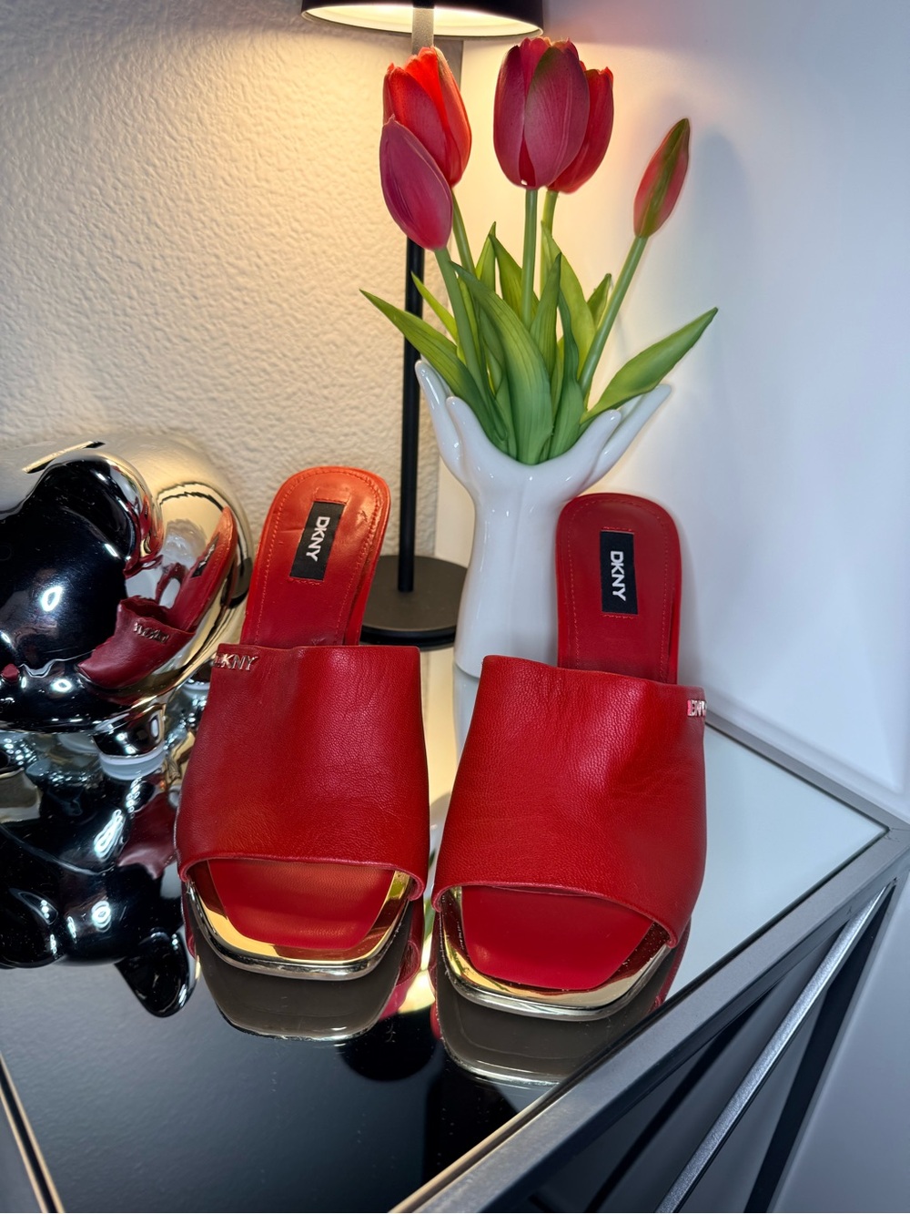 DKNY Red Leather Slide Mules with Gold Trim